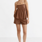 Brown linen co-ord set with babydoll top and shorts