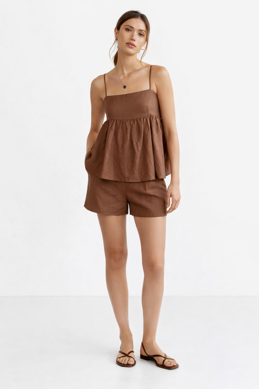 Brown linen co-ord set with babydoll top and shorts