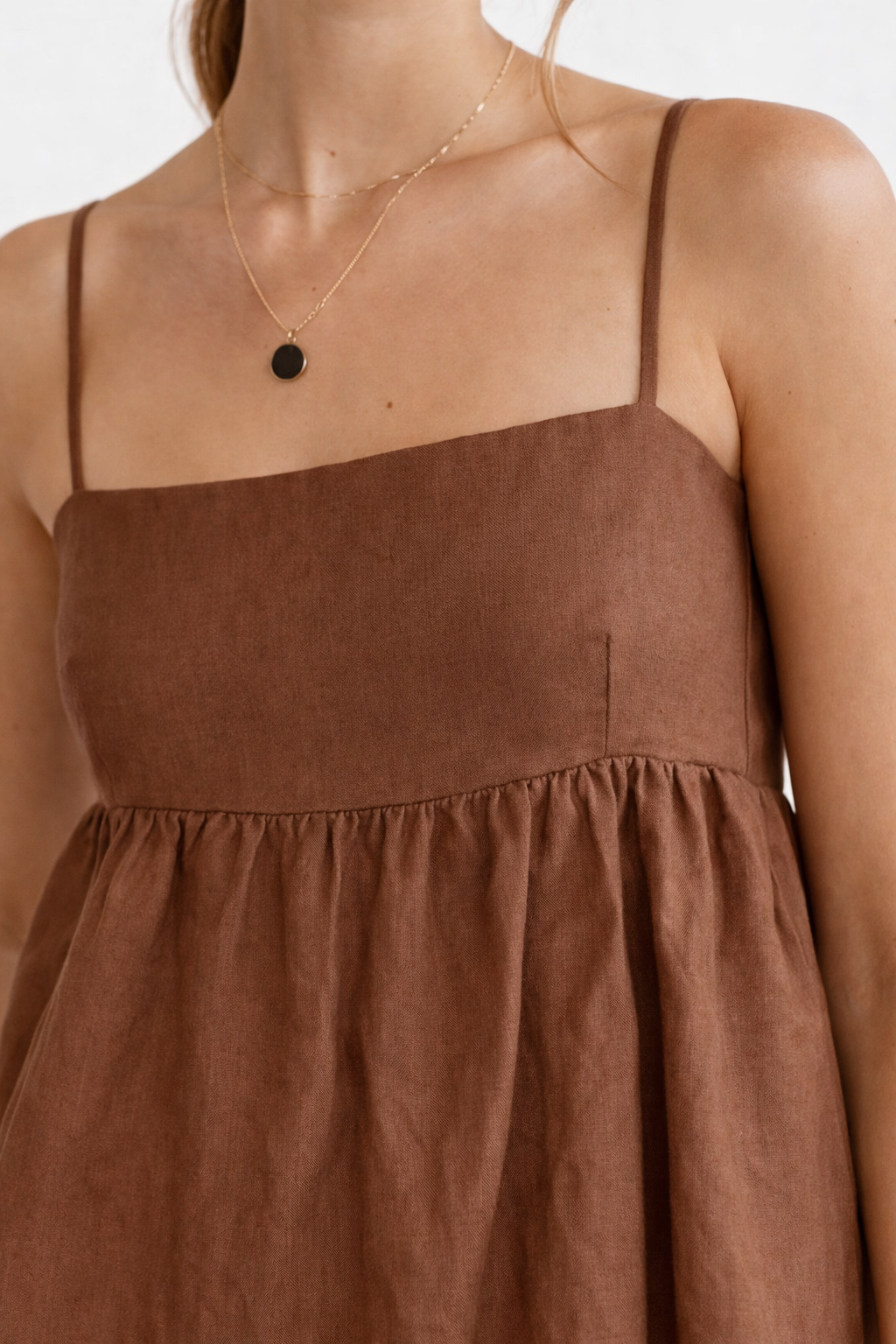 Close-up of linen fabric texture on Cocoa Bloom top