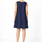 Denim blue linen V-neck dress for women back view