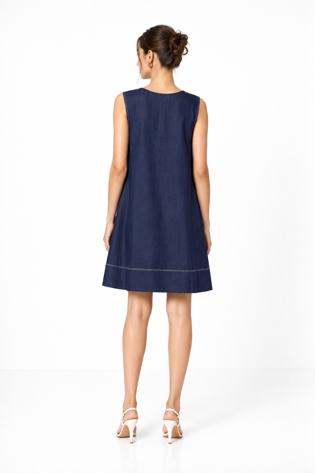 Denim blue linen V-neck dress for women back view