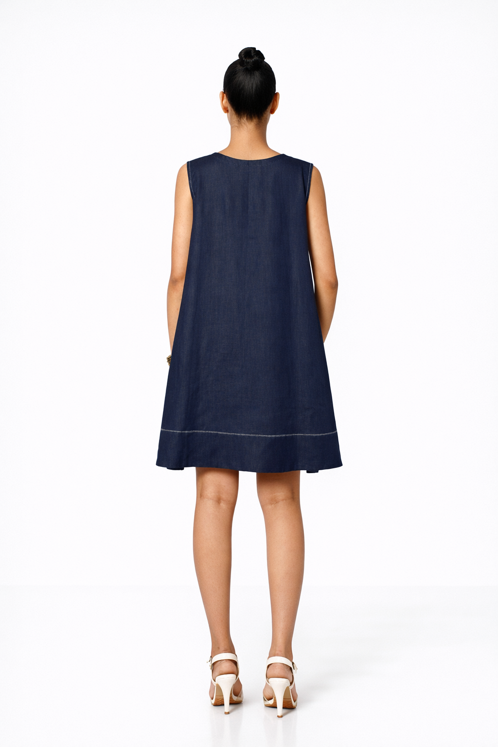 Denim Blue Linen V-Neck Dress – Women’s Linen Dress Back View