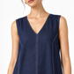 Denim blue linen V-neck dress with contrast stitching detail