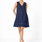 Denim blue sleeveless linen V-neck dress for women