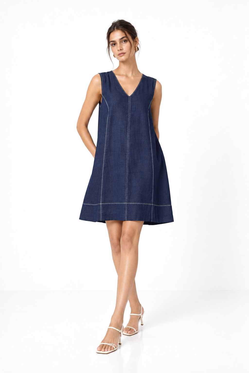 Denim blue sleeveless linen V-neck dress for women