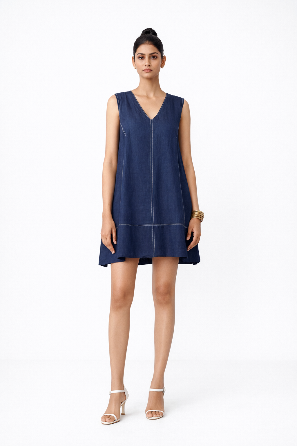 Denim Blue Linen V-Neck Dress – Women’s Linen Dress Front View