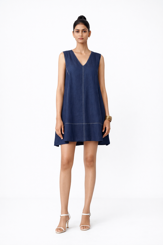 Denim Blue Linen V-Neck Dress – Women’s Linen Dress Front View