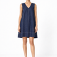 Denim blue linen V-neck dress for women front view