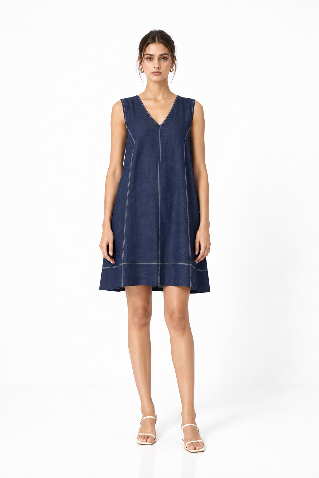 Denim blue linen V-neck dress for women front view