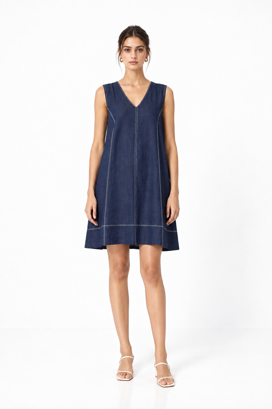 Denim blue linen V-neck dress for women front view