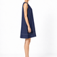 Denim blue A-line linen V-neck dress for women side view