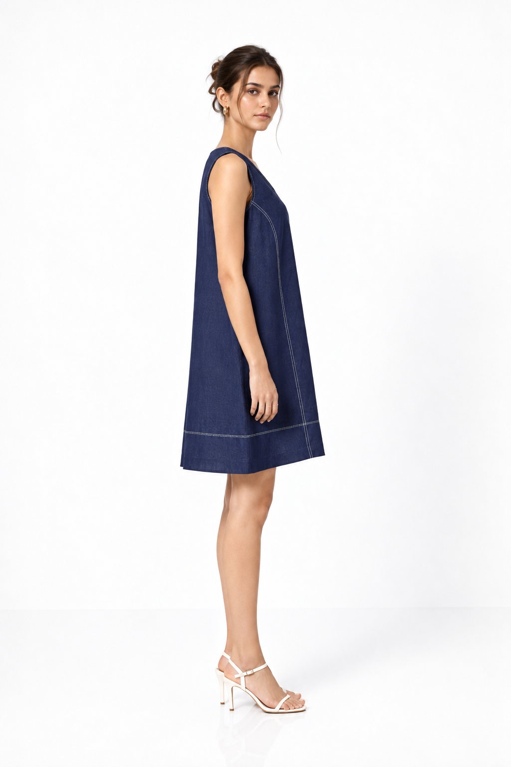 Denim blue A-line linen V-neck dress for women side view