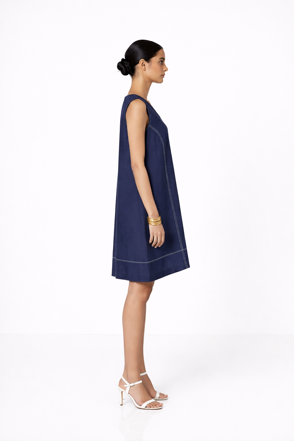 Denim Blue Linen V-Neck Dress – Women’s Linen Dress Side View