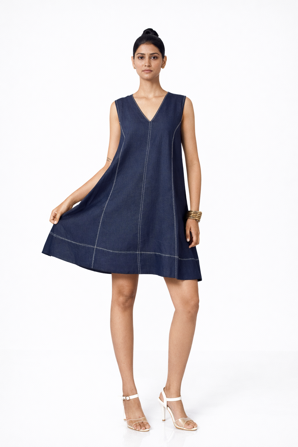 DENIM BLUE LINEN V-NECK DRESS | LINEN DRESS FOR WOMEN LININ DENIM BLUE LINEN V-NECK DRESS | LINEN DRESS FOR WOMEN LININ