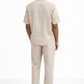 Back view of earthy natural linen shirt and pants set showcasing clean silhouette