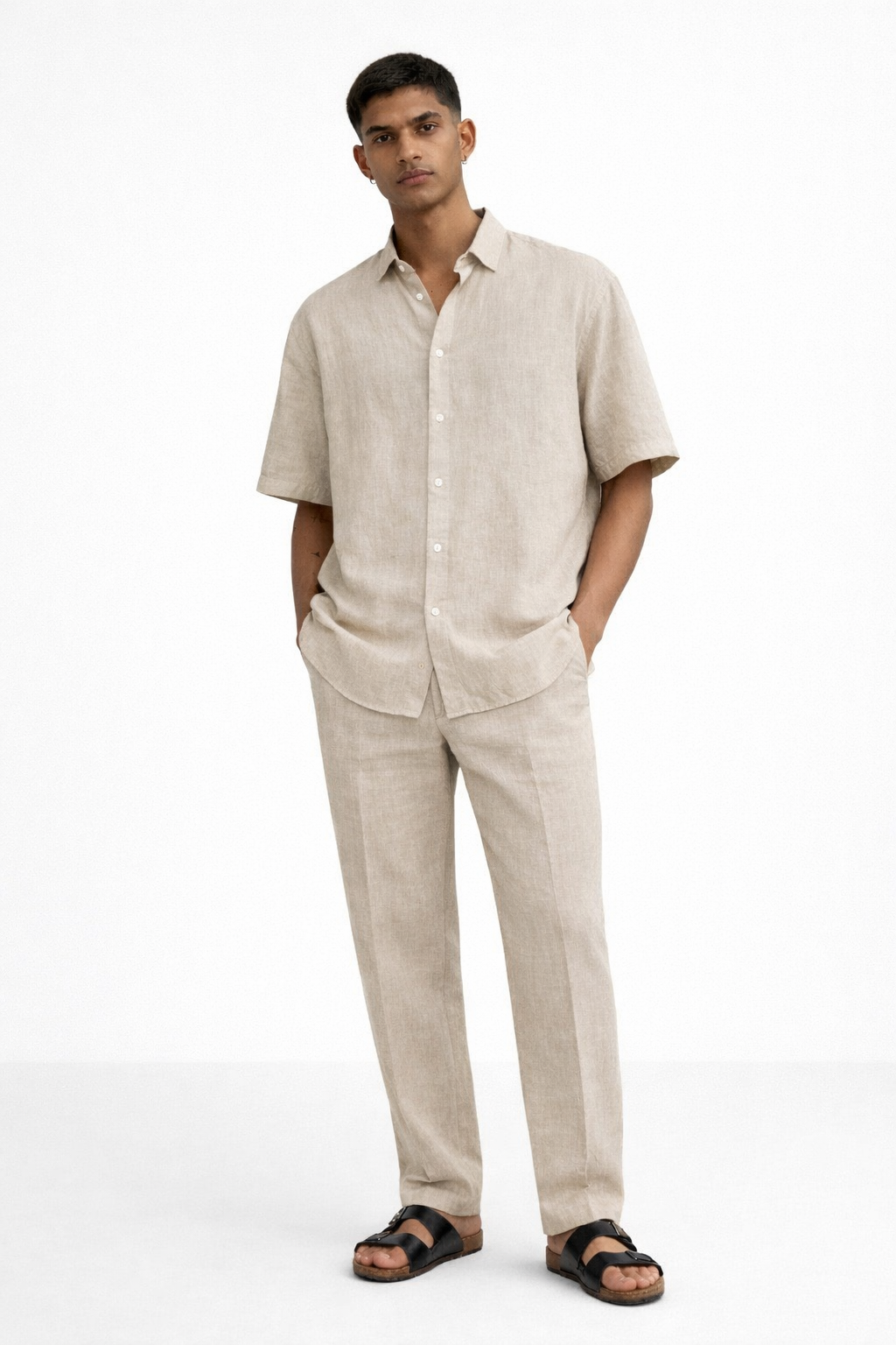 Earthy natural linen set for men featuring half sleeve shirt and matching linen pants front view
