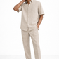 Men wearing earthy natural linen co-ord set with relaxed fit and breathable fabric