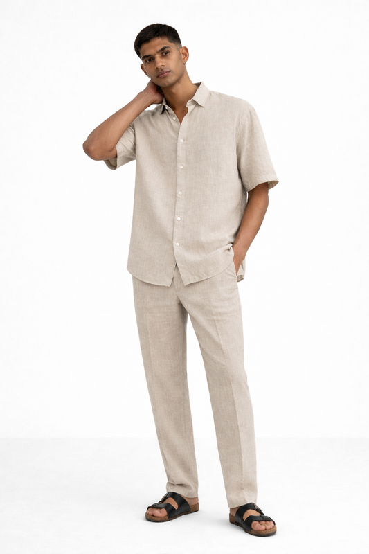 Men wearing earthy natural linen co-ord set with relaxed fit and breathable fabric
