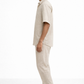 Side view of earthy natural linen half sleeve shirt and pants set for men