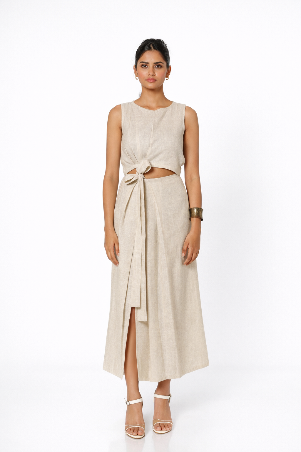Earthy Natural Tie Front Knot Linen Set – Women’s Linen Co-Ord Set Front View