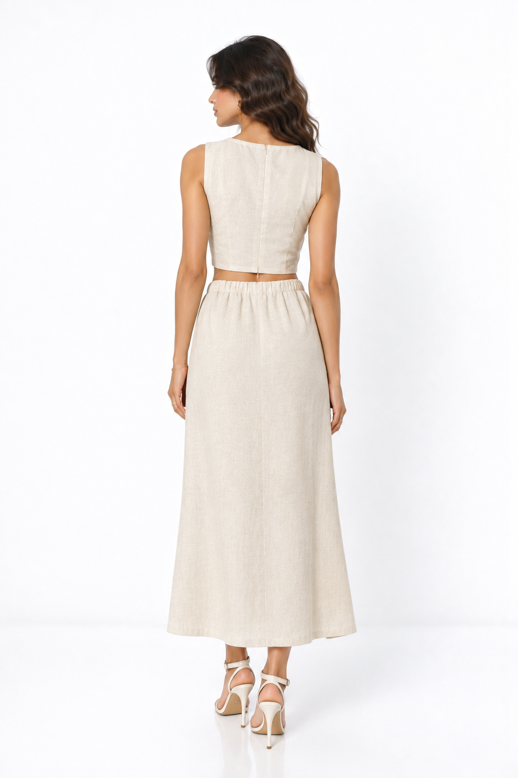 Earthy Natural Tie In Front Knot Linen Set for Women – Back View