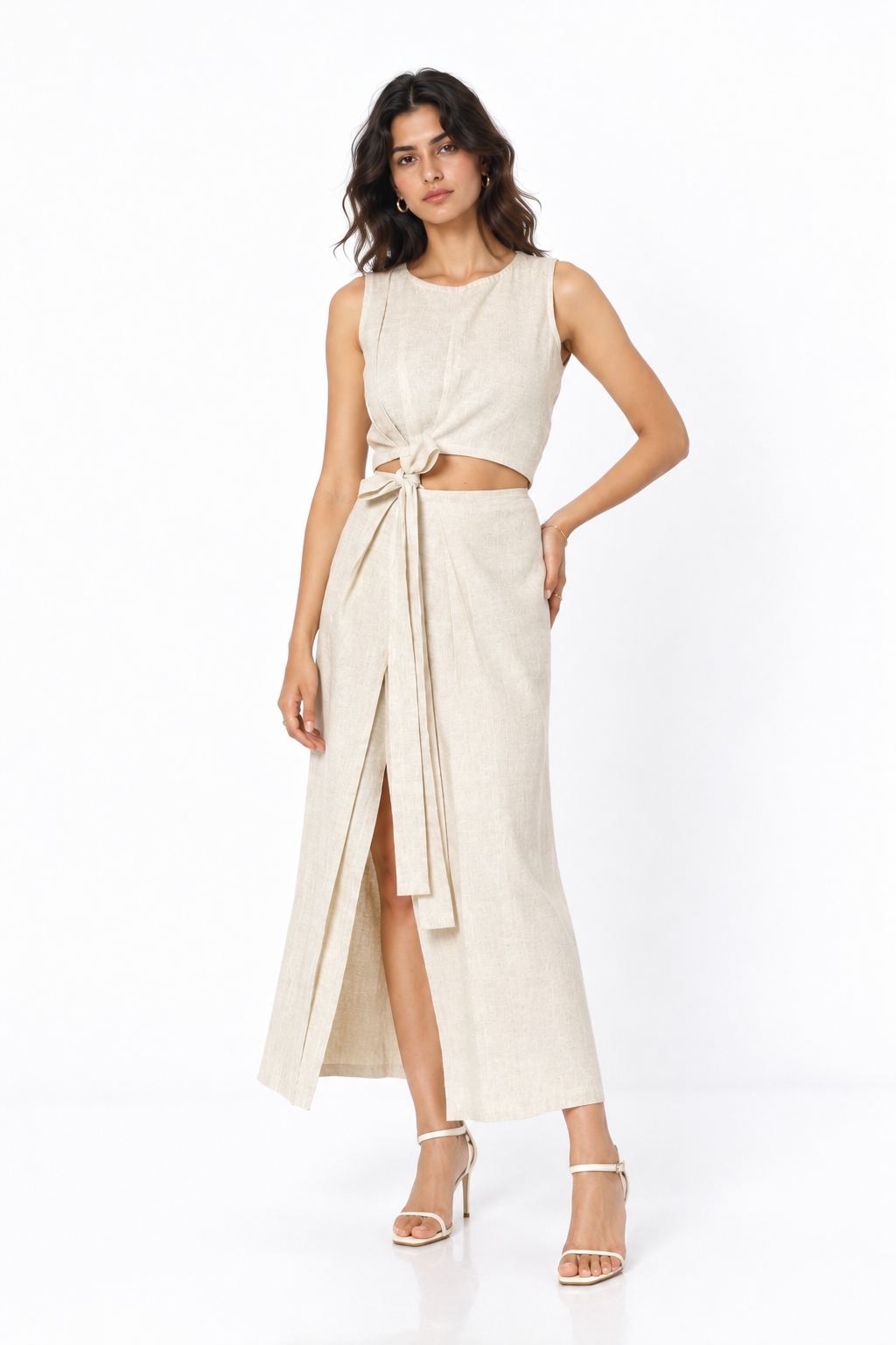 Earthy Natural Tie In Front Knot Linen Set for Women – Front Pose