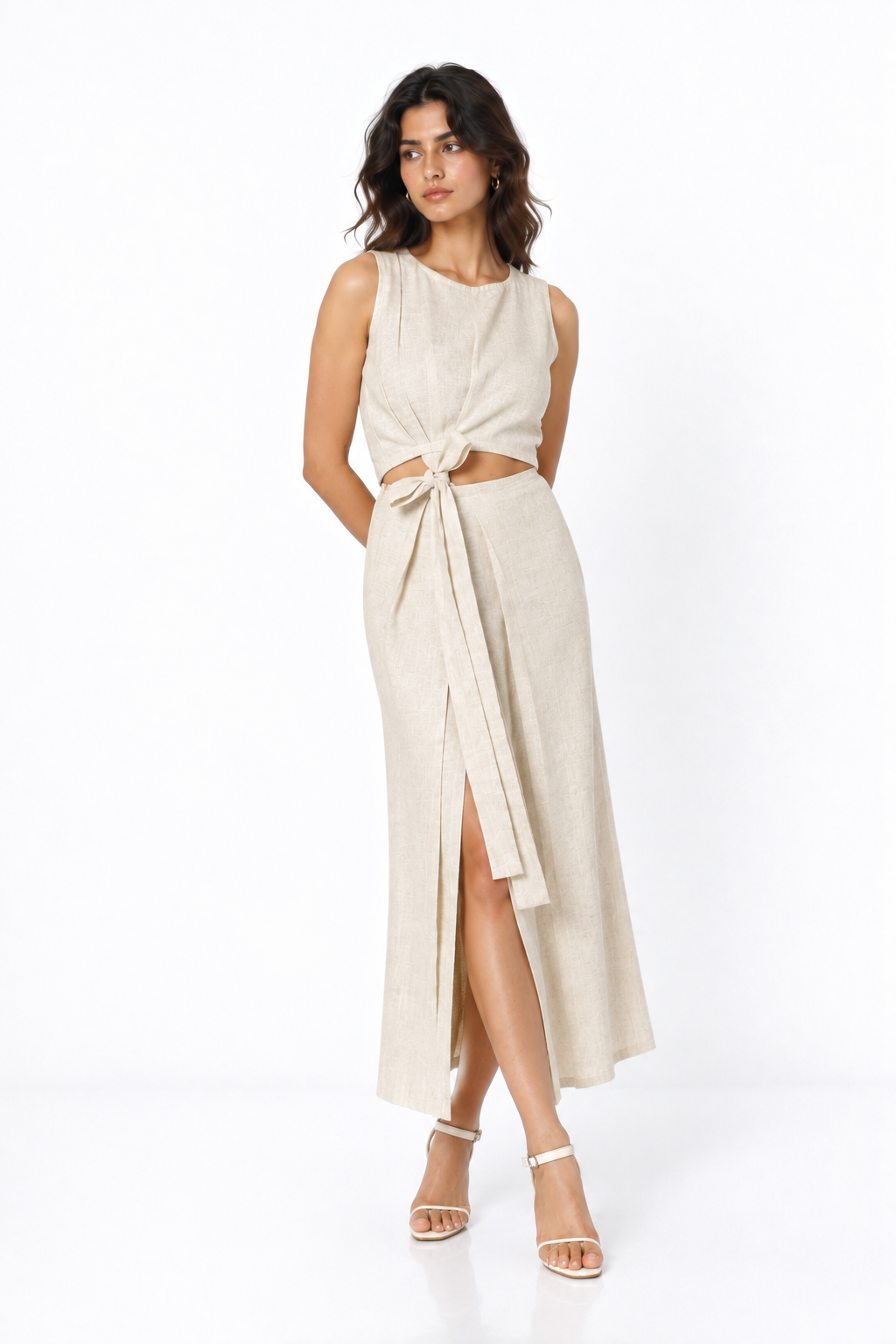 Earthy Natural Tie In Front Knot Linen Set for Women – Three Quarter View