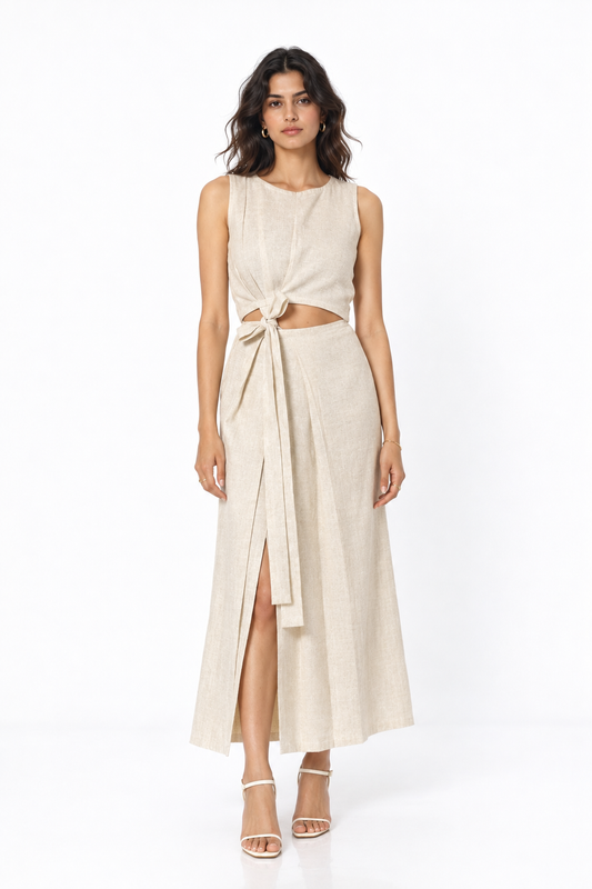 Earthy Natural Tie In Front Knot Linen Set for Women – Front View