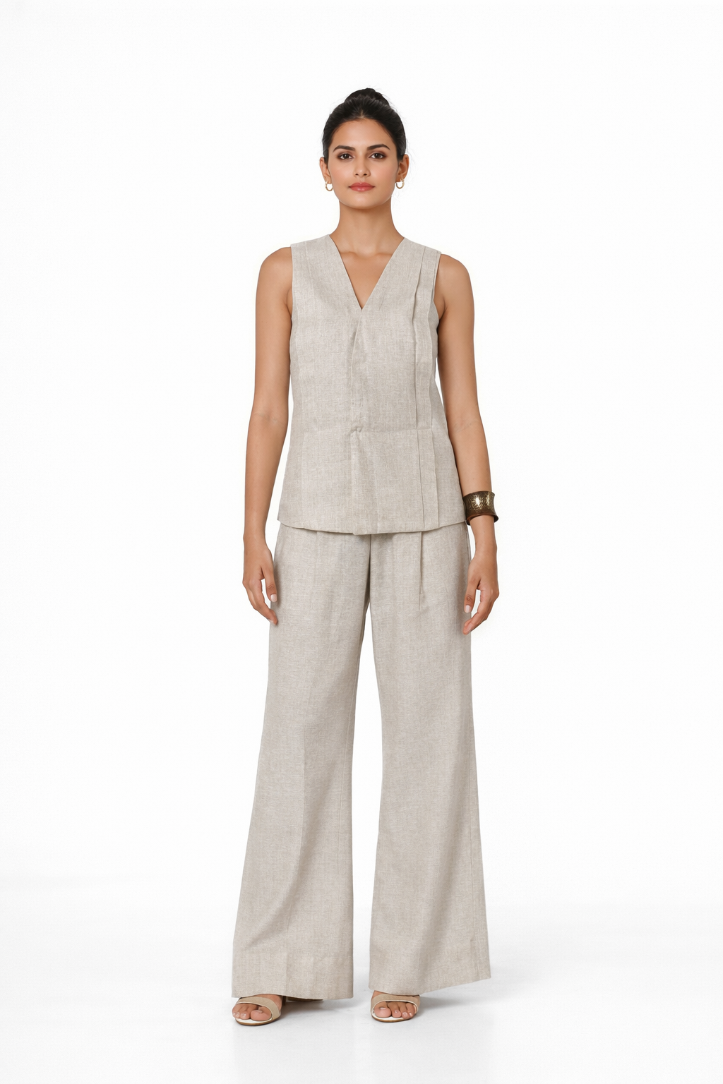 Earthy Natural Undyed Linen Vest Set – Women’s Linen Co-Ord Set Front View