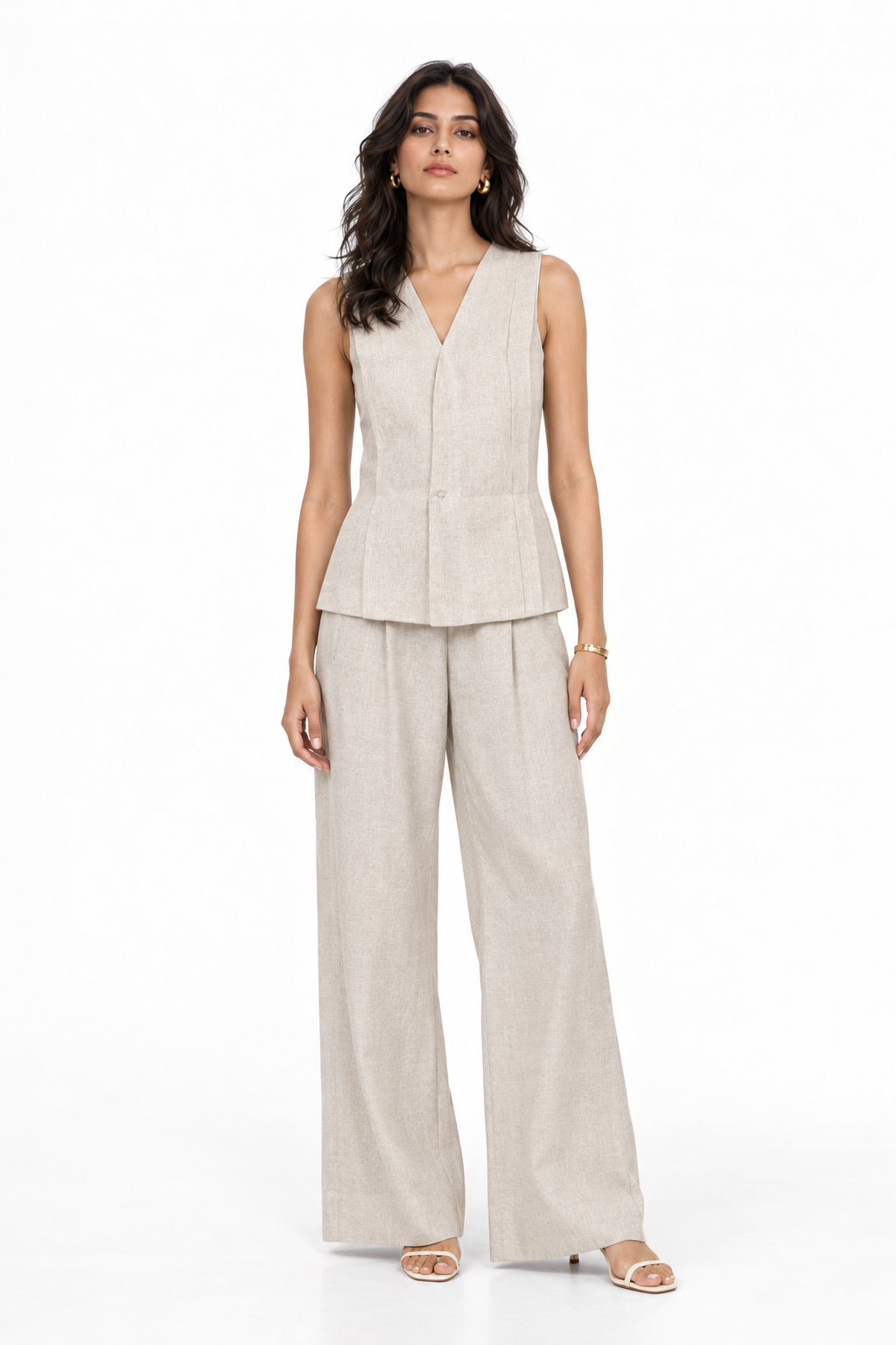 Earthy Natural Undyed Linen Vest Set for Women – front view