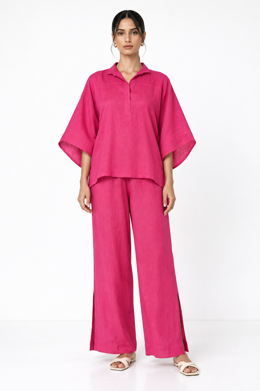Farah Linen Kaftan Set for Women in pink – full front view