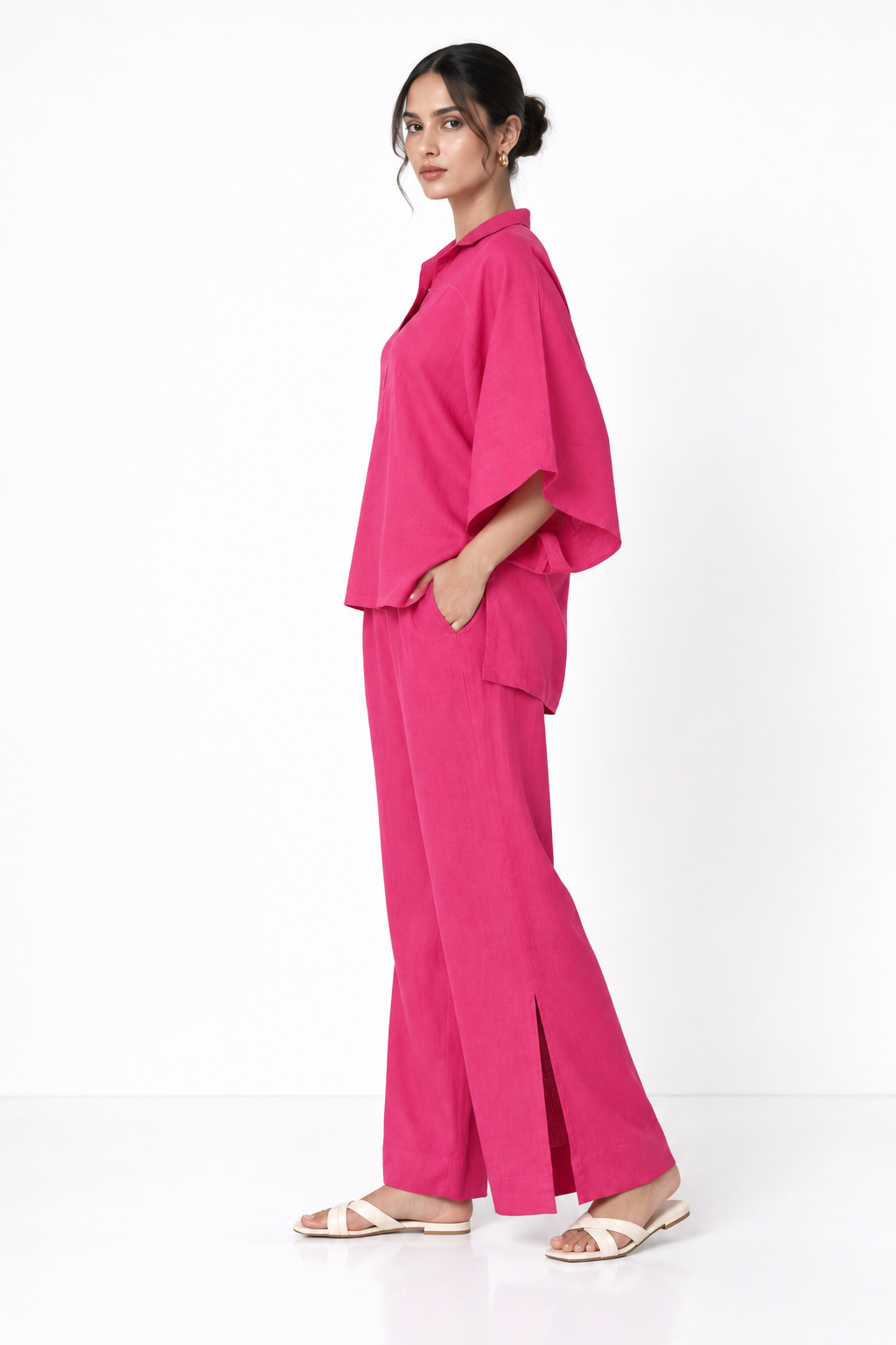 Farah Linen Kaftan Set for Women in pink – side view