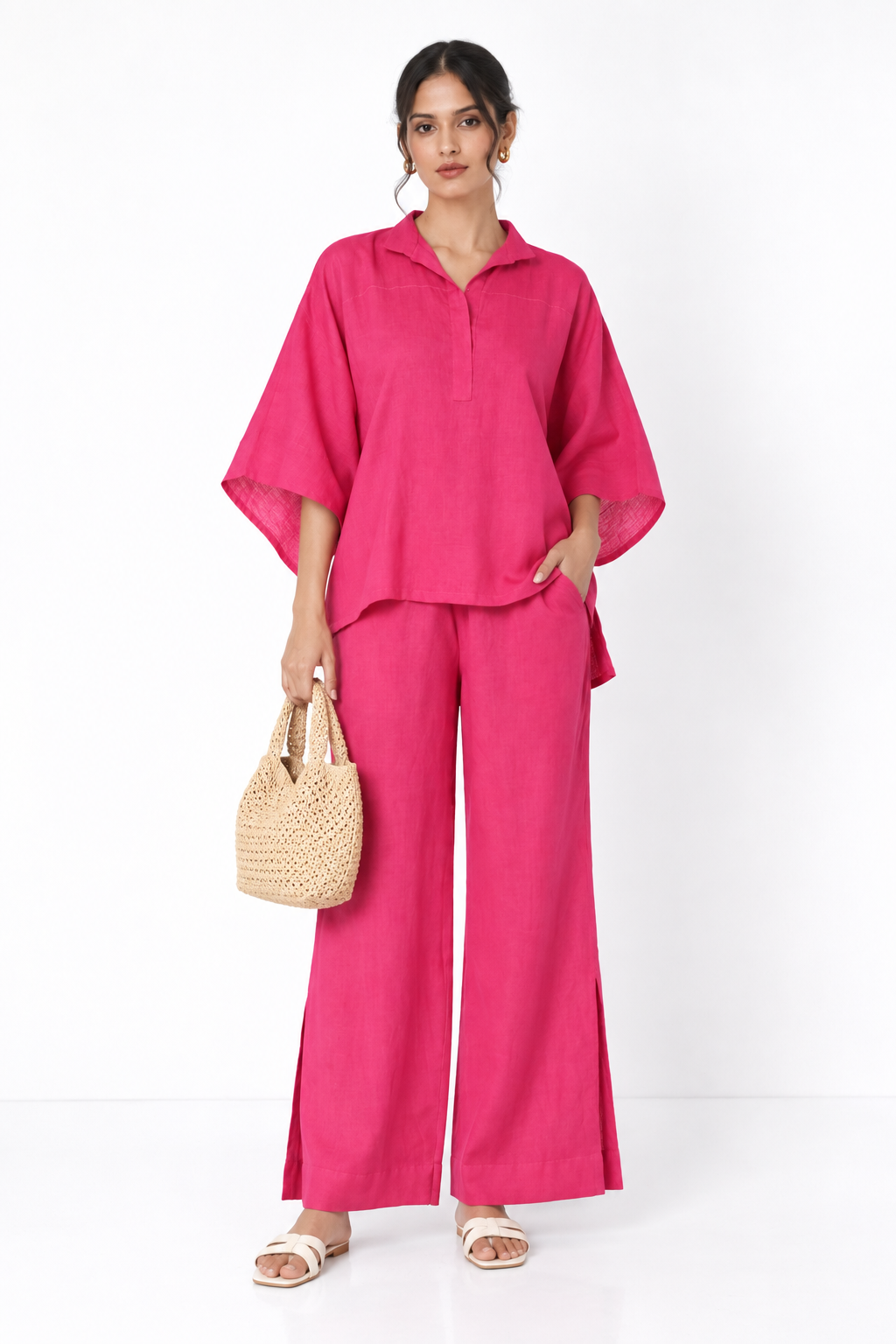 Farah Linen Kaftan Set for Women in pink with woven bag – full front view