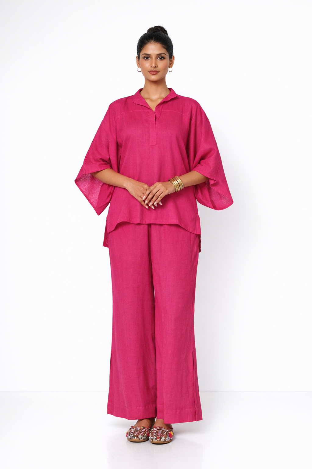 Farah Linen Kaftan Set – Women’s Fuchsia Linen Outfit Set Front View