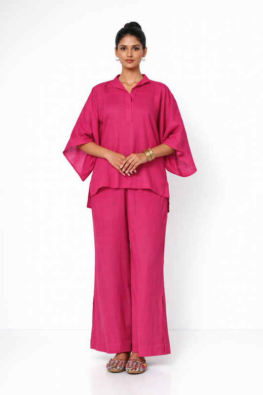 Farah Linen Kaftan Set – Women’s Fuchsia Linen Outfit Set Front View
