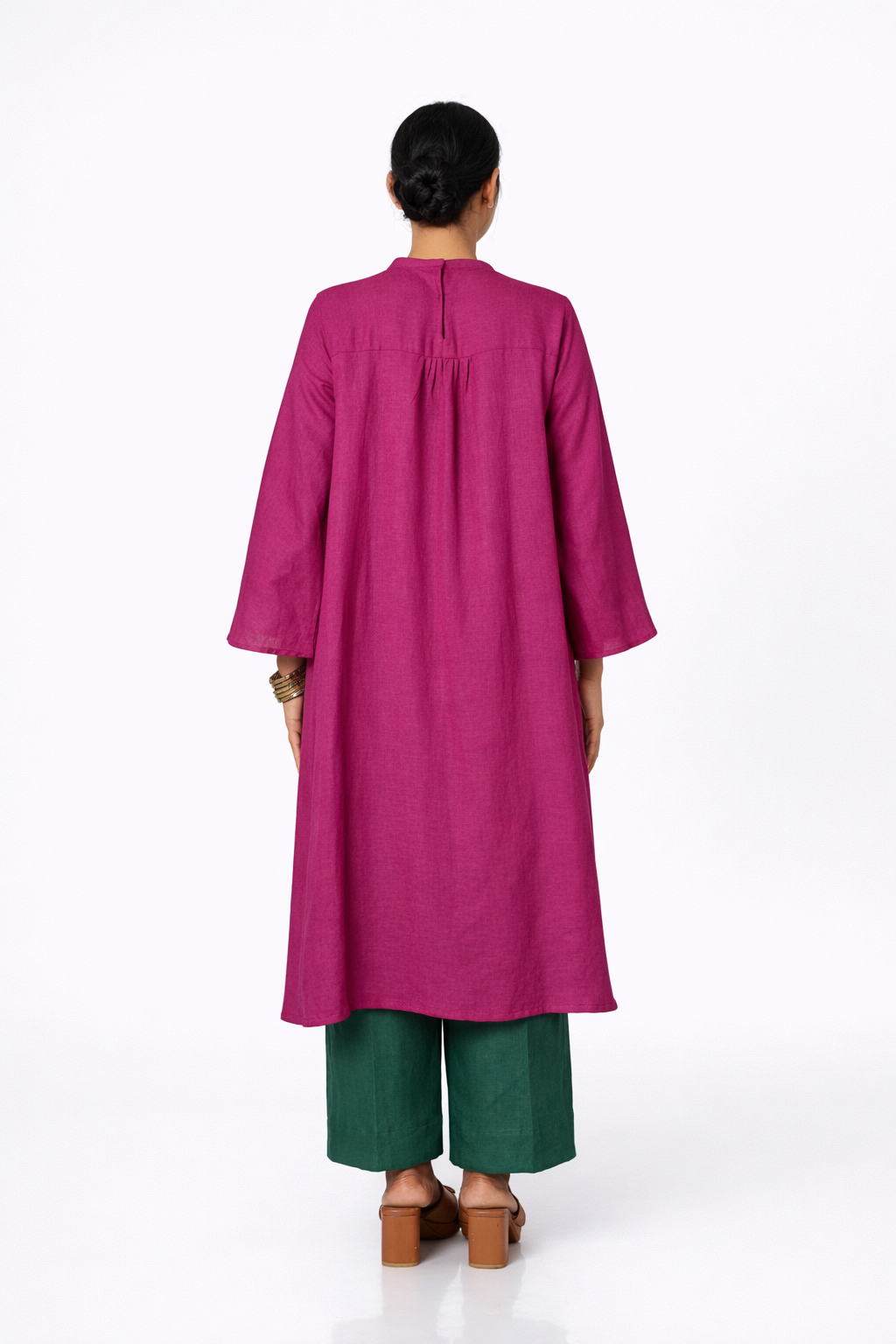 Gulbahar Flared Linen Tunic Set – Rani Pink & Bottle Green Linen Outfit Set Back View
