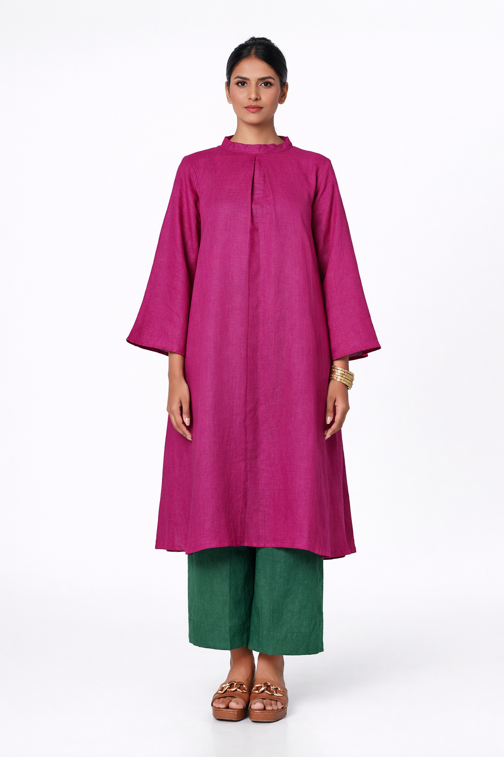 Gulbahar Flared Linen Tunic Set – Rani Pink & Bottle Green Linen Outfit Set Front View
