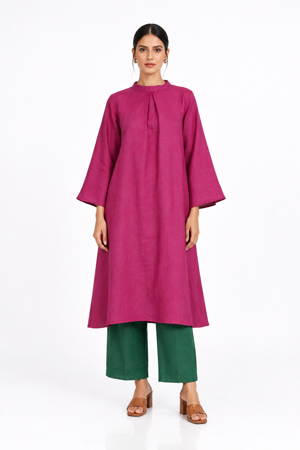 Gulbahar flared linen tunic set in Rani pink and bottle green for women