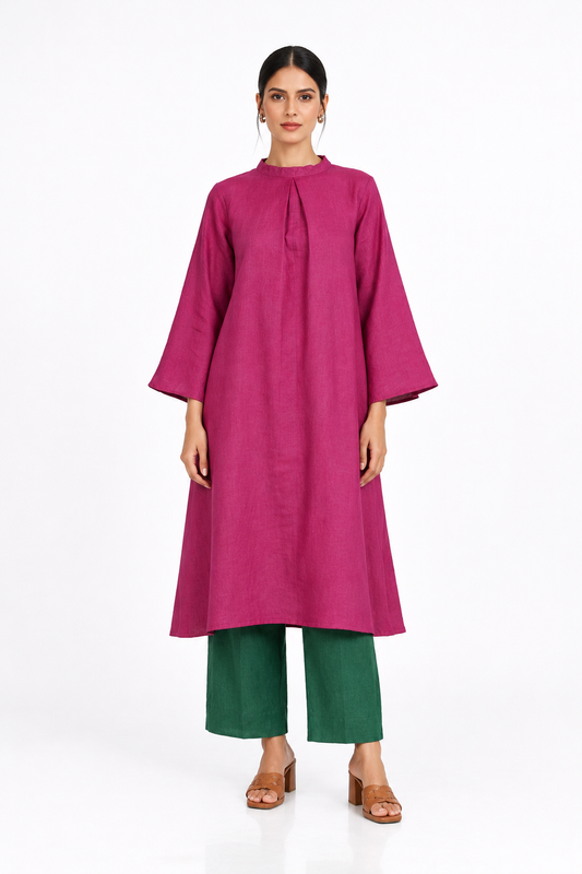 Gulbahar flared linen tunic set in Rani pink and bottle green for women
