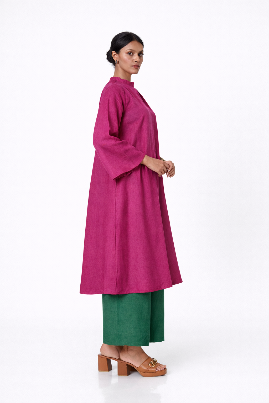 Gulbahar Flared Linen Tunic Set – Rani Pink & Bottle Green Linen Outfit Set Side View