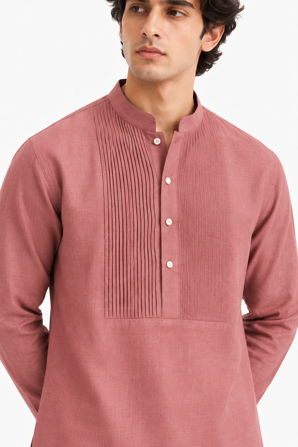 Gulnaar dusty rose linen kurta with pintuck detailing close-up