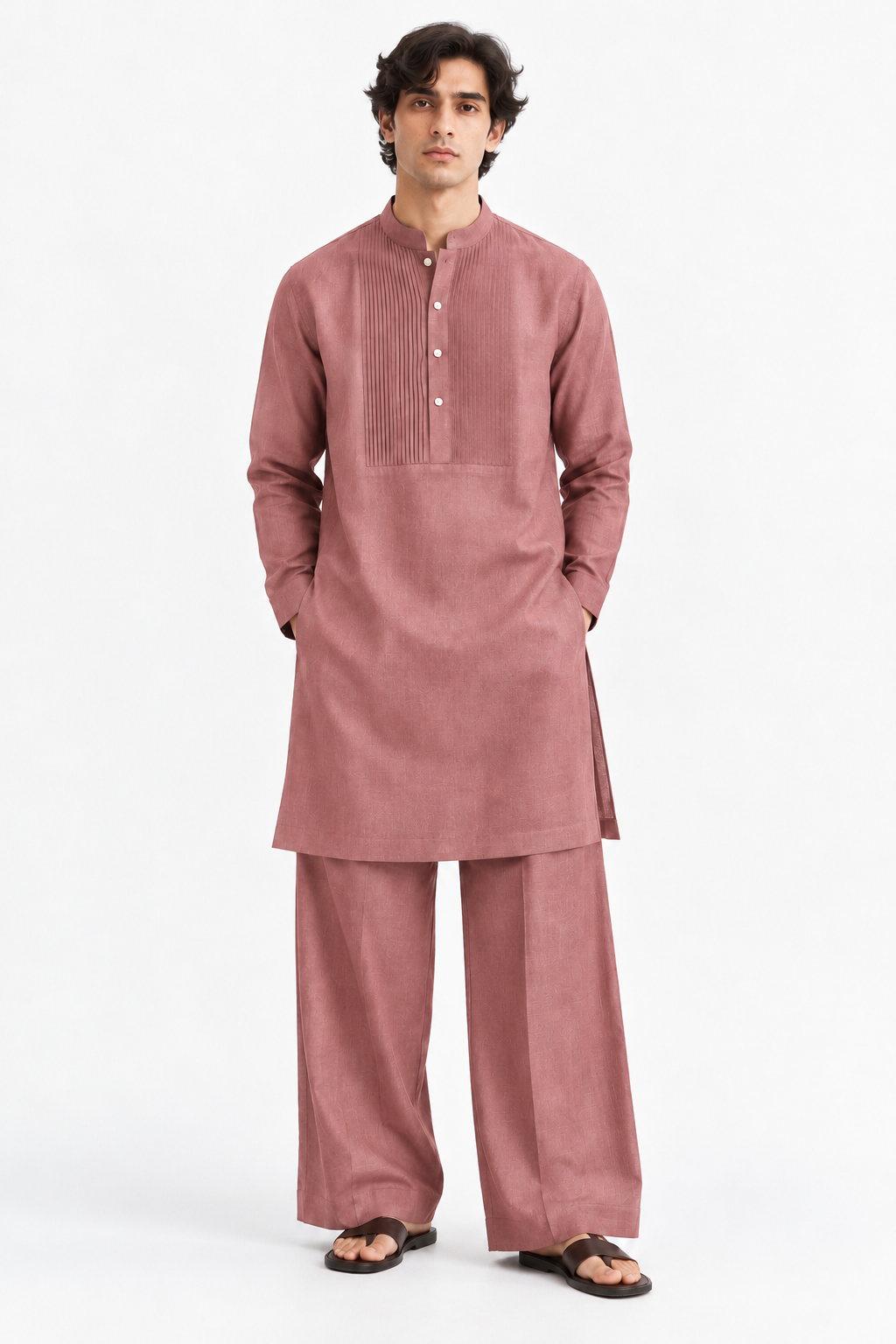 Gulnaar dusty rose linen kurta set for men front view