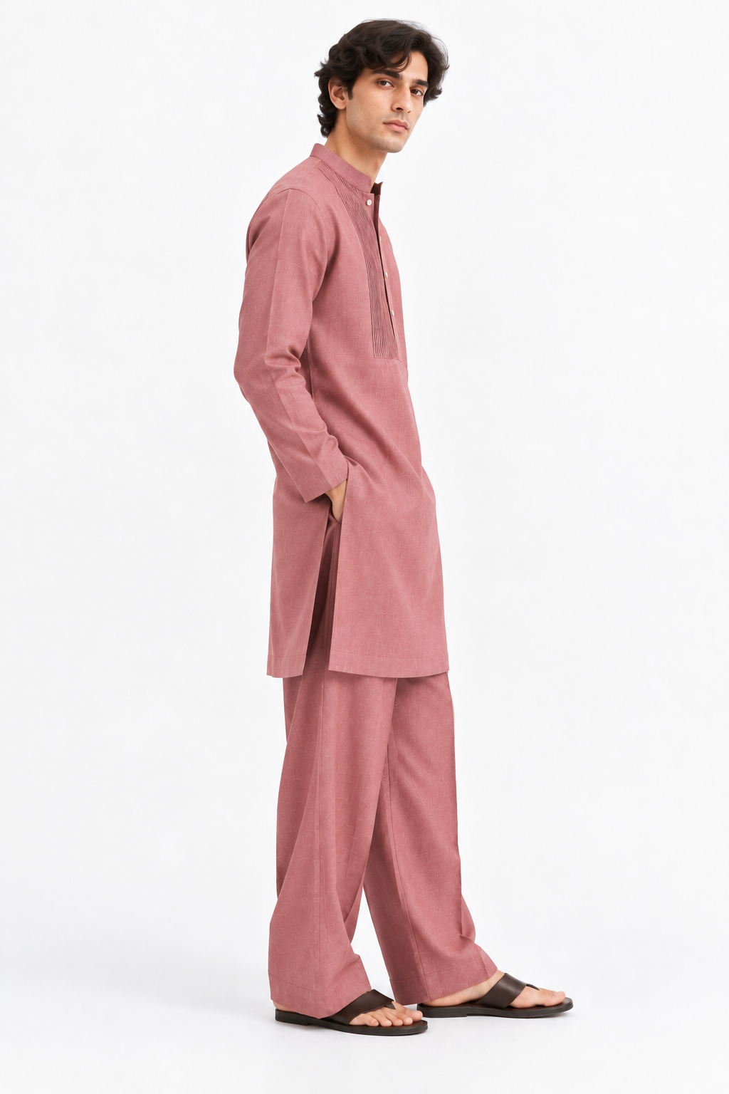 Gulnaar dusty rose linen kurta set for men side view
