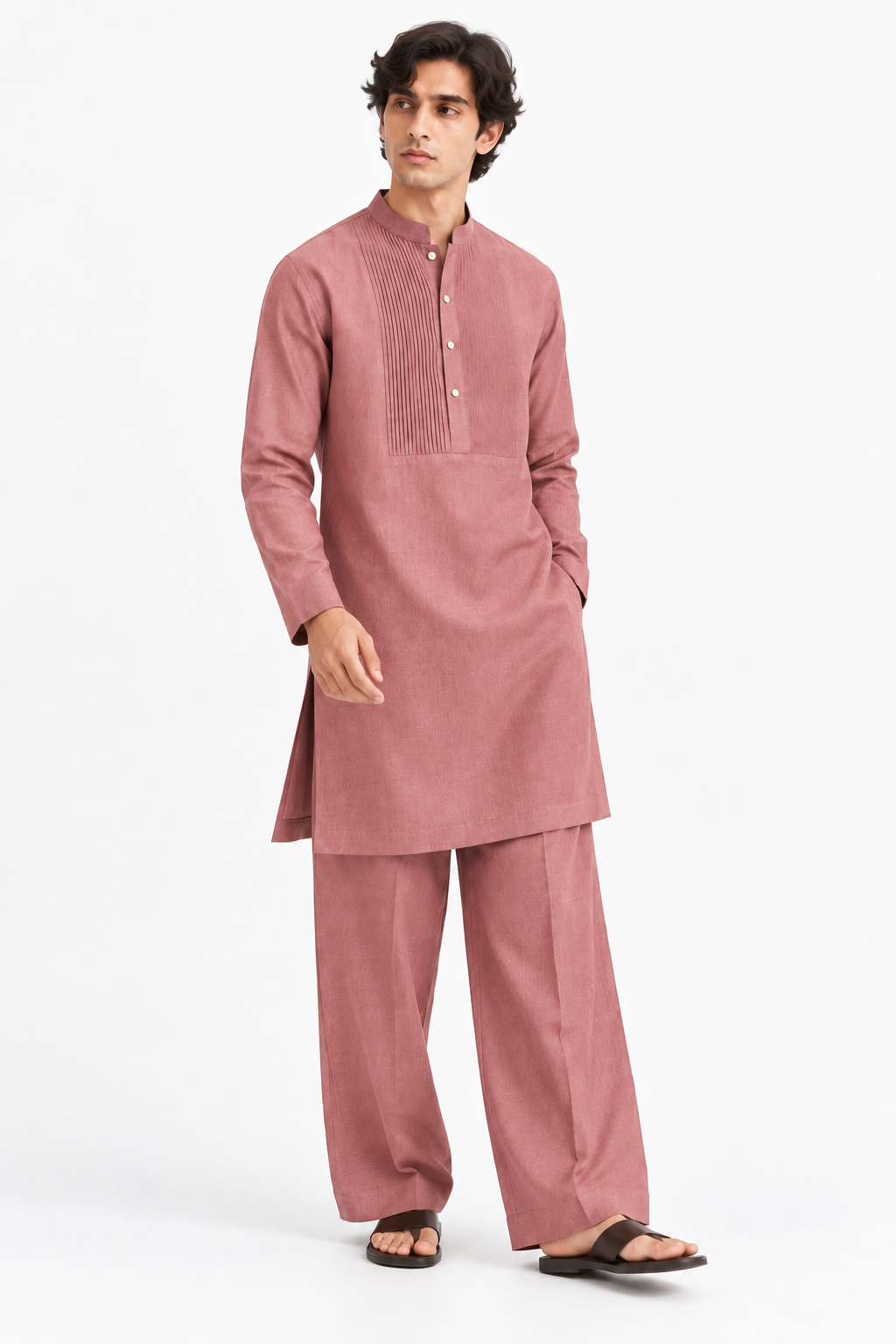 Gulnaar linen kurta set for men in dusty rose three-quarter view