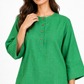 Harit green linen kurta close up showing wooden buttons and linen texture