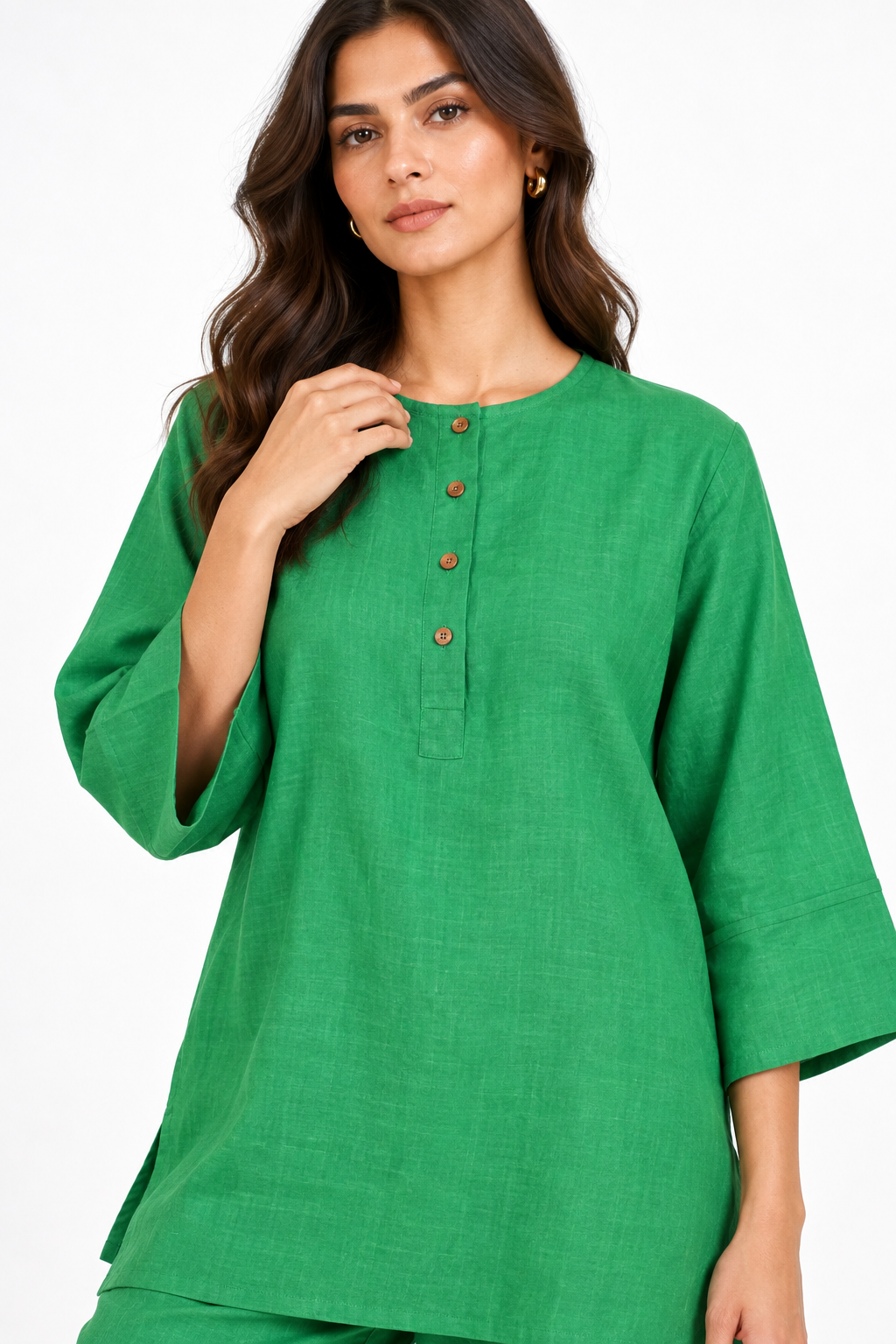 Harit green linen kurta close up showing wooden buttons and linen texture
