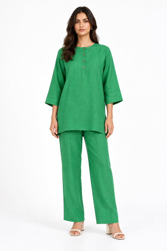 Harit green linen kurta set for women with matching trousers front view
