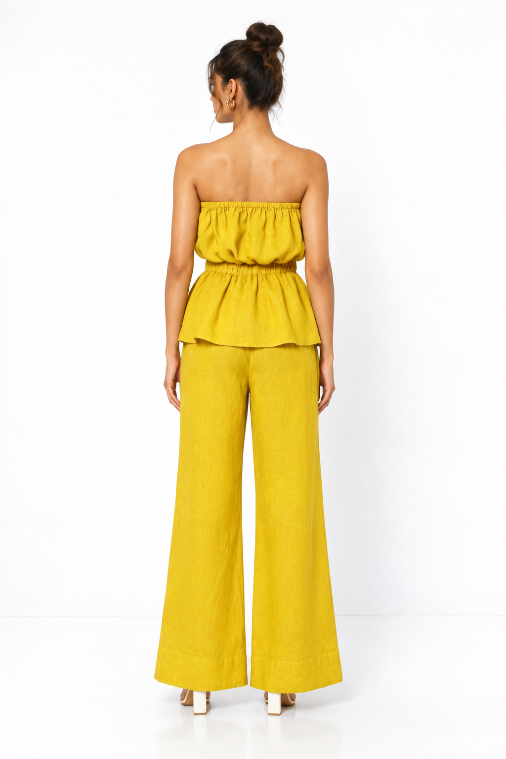 Hiranyam yellow off-shoulder linen set for women back view