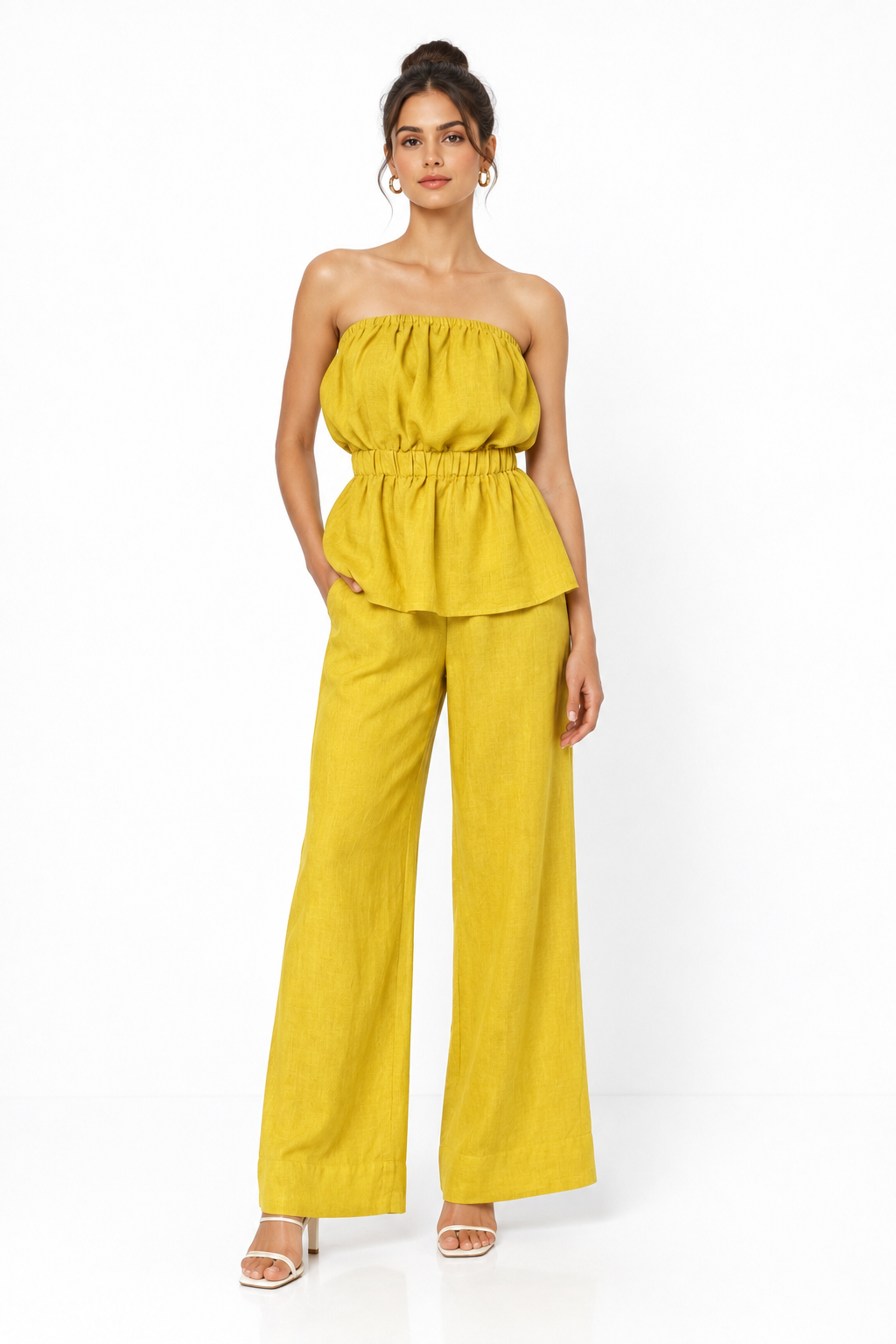 Hiranyam off-shoulder yellow linen set for women front view