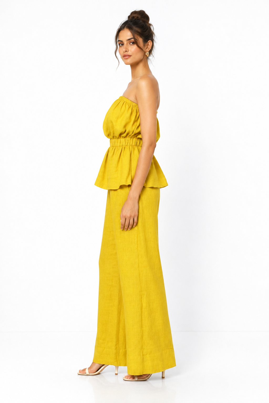 Hiranyam yellow linen co-ord set for women side view